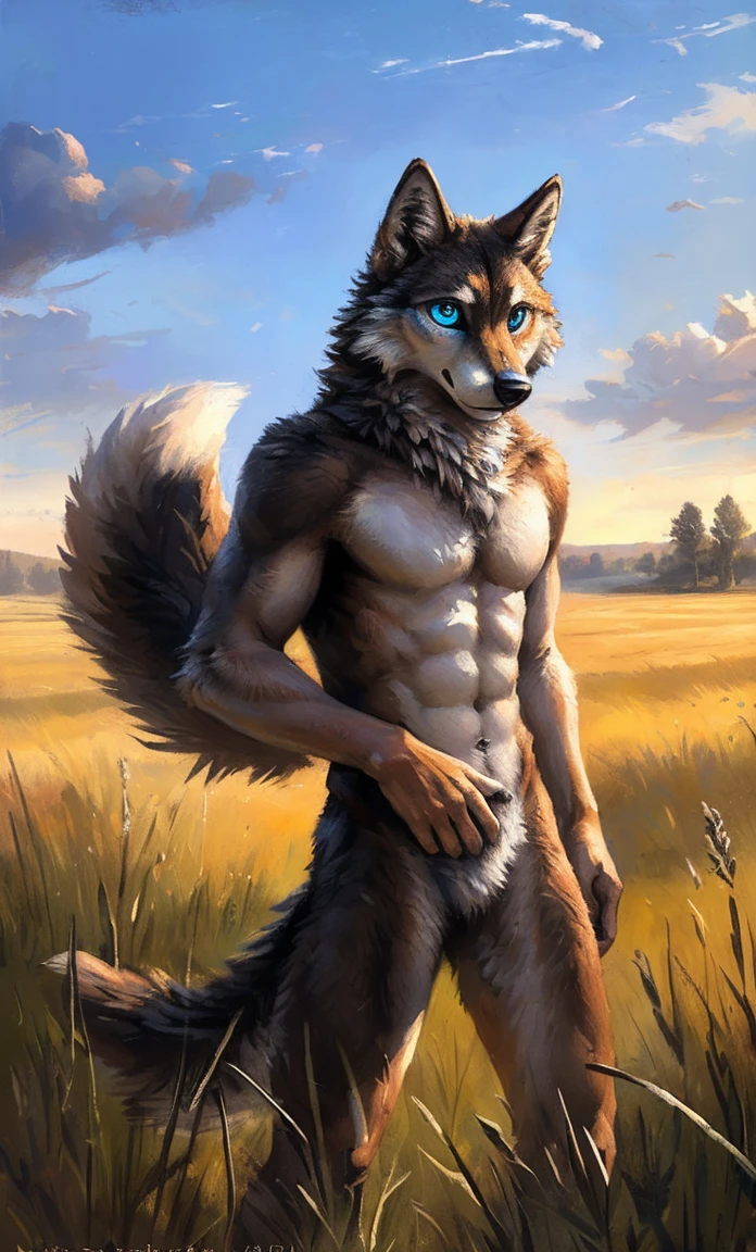((Solo)), male people, anthro wolf, (Multi-colored fur, White-brown:1.3，White tail pointed), (Height 2.1m,Tail length 1.5m), ((Wolf face, Big eyes, White eyelids, Blue pupil, Slim:1.2) (Tough, Calm expression:1.2)), Abs, Slim, pinging)), (Correct ),  all over the body,A long big tail，Feet，(Realistic fur, Detailed fur texture, labeled:1.3)), (Natural lighting), Photorealistic, Hyperrealistic, ultradetailed, by Kenket，Field，No artifacts