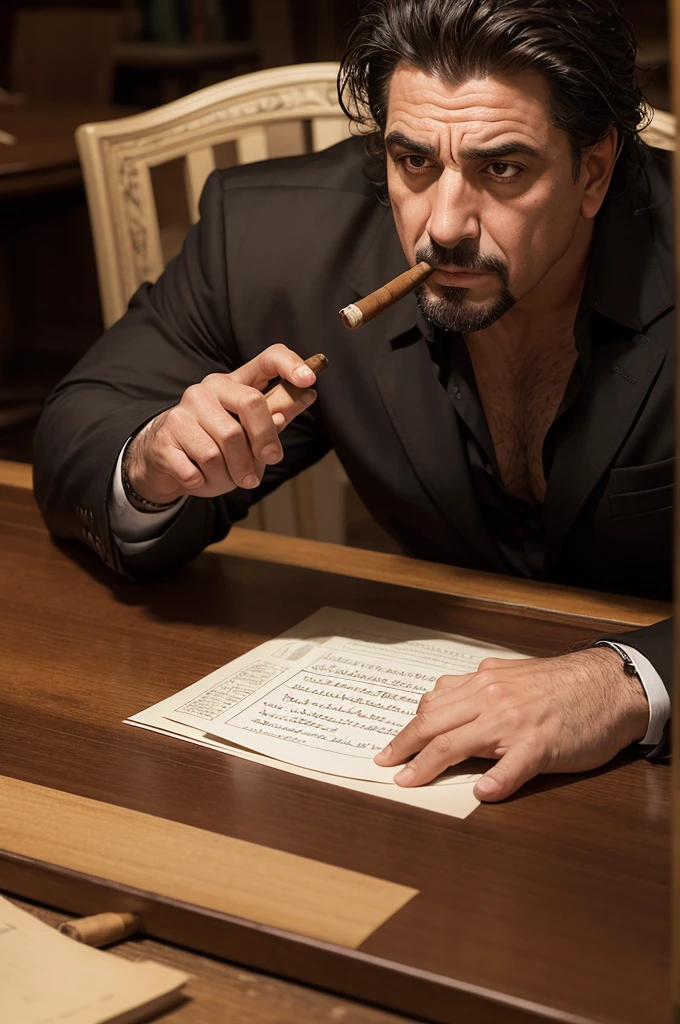 Create a photo with the main character of the film "Scar Face" Played by actor Al Paccino sitting at a table smoking a cigar, and on that table it is written "Baghdad"