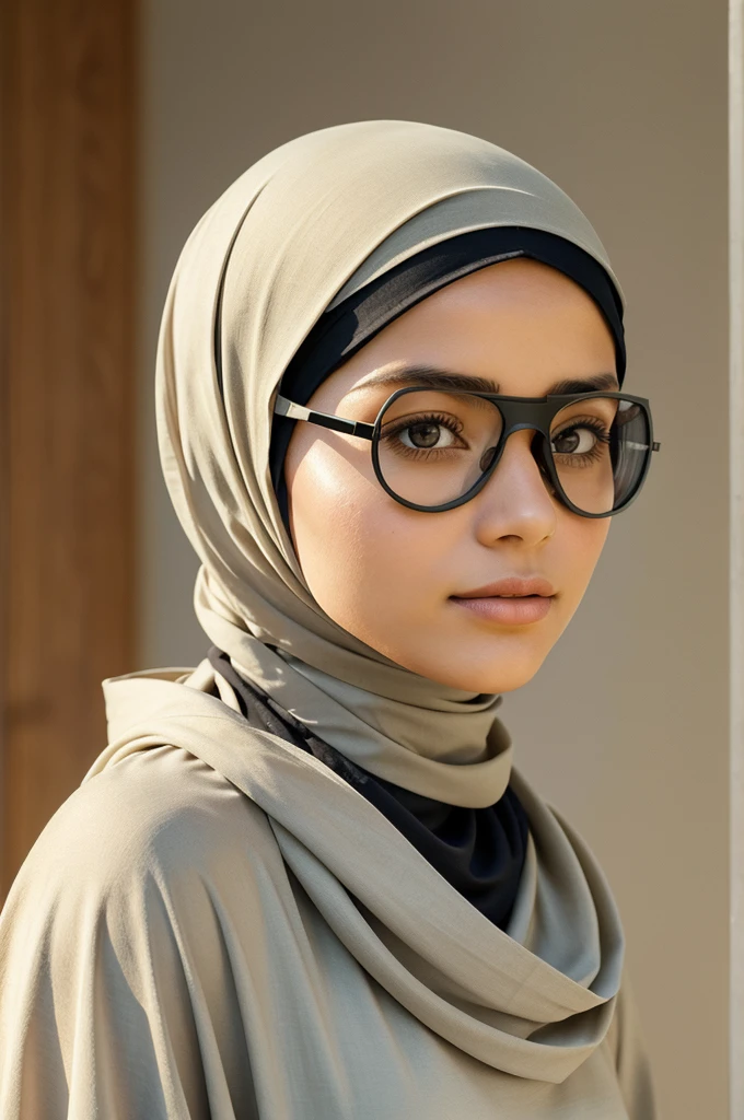 Create an illustration of a girl wearing a hijab, depicted from a side profile. She should be wearing stylish goggles that complement her hijab. The hijab can be modern and elegant, with smooth fabric that drapes naturally. Her expression should be serene and confident, reflecting a sense of grace. The background can be simple and minimalist, ensuring the focus remains on her. Use soft, natural colors to give the image a warm and inviting feel