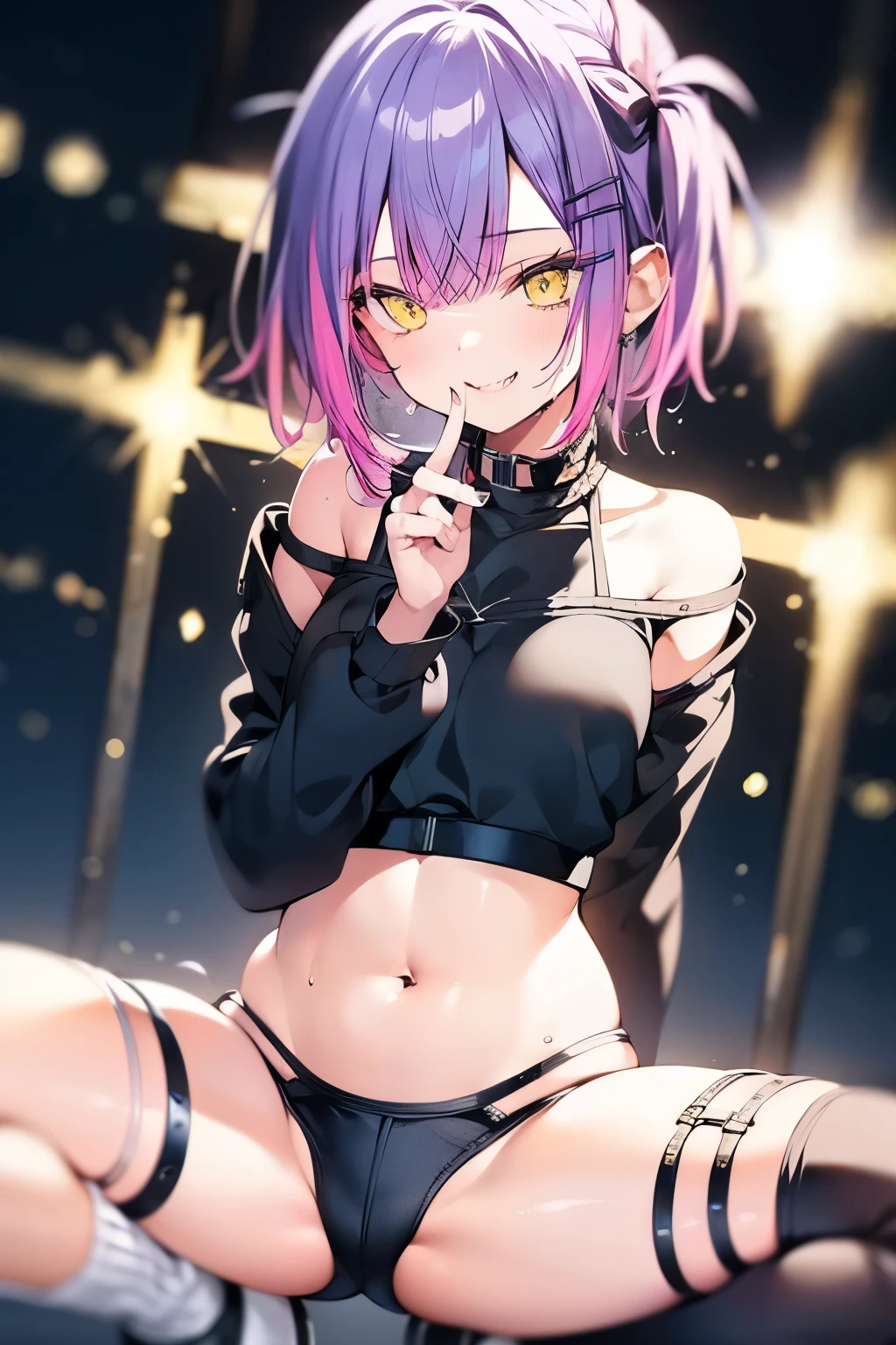 (detailed face), (yellow eyes,), , smile, sweat, off shoulder, crop top, wet , slim, girl, smille, Kneesocks, pumps, squat, , fiull body shot, bikini_jeans, lens flare, in focus with blurred background,