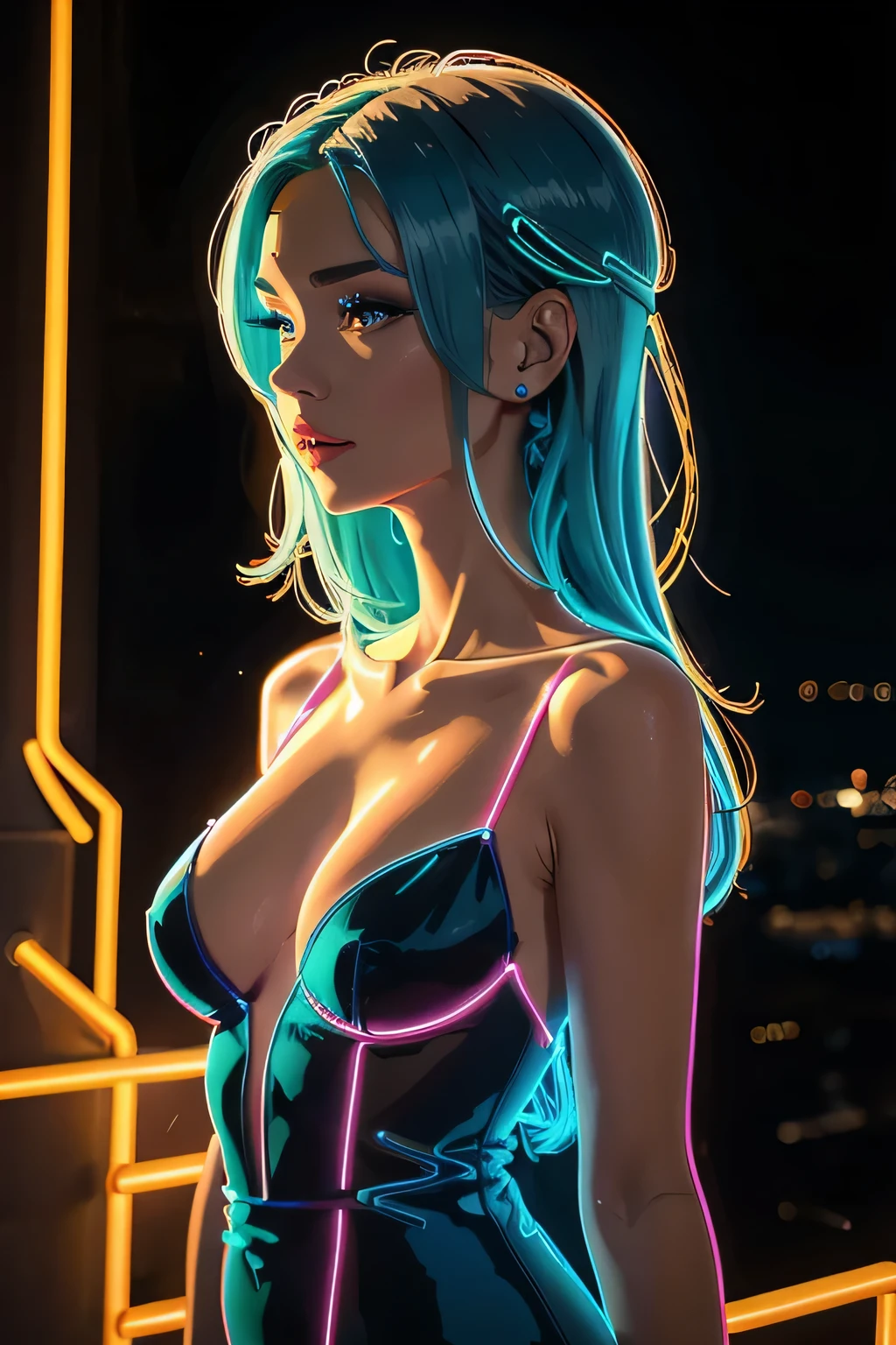 neon_outlines, close up, classy woman in a long evening dress, upscale gala event ,neon_outlines blue hair,