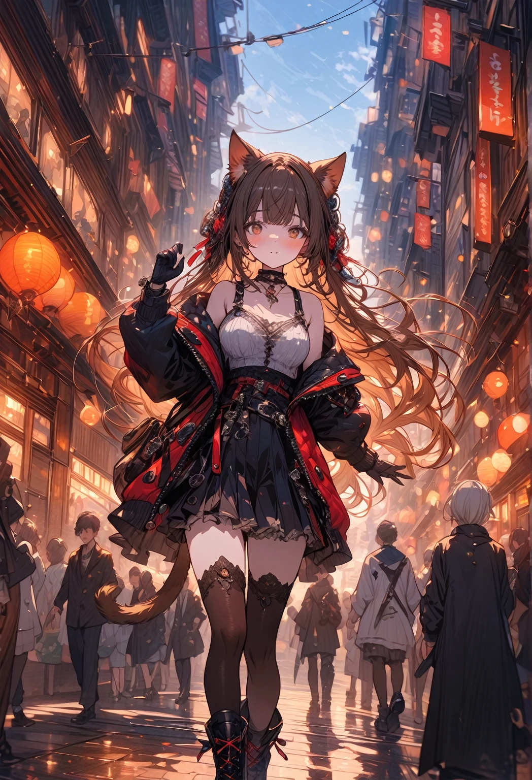 ((masterpiece:0), best quality, very aesthetic, newest, absurdres, detailed, high quality)
BREAK
highest quality, top quality, details, highres, ultra fine painting, digital art, official art, cinematic, 4k, 8k resolution, 8K CG wallpaper, CG, original artwork, detailed background, colorful background, blue atmosphere, High Dynamic Range, blurry background, blue hour, Starburst effects, crepuscular rays, good ISO, high resolution, wide shot, from far away, RAW photo, POV, sharp focus, light reflection, reflections, intricate details, soft light, particle noise, professional photography, bokeh, depth of field, natural lighting, vibrant colors, looking away, detailed lights and shadows, stylish, ultra-detailed, top rated on Pixiv, trending on Artstation, niji style, modern-days, master crafted, pose
BREAK
solo, 1girl, pale skin, correct fingers, detailed hair, (medium big breasts:1.2), big thighs, short torso, short body, flushtered, blush, anxious expression, casual, slim, ((cute, childlike face):1.3), nice hips, nice body, brown hair, (long flowing hair:1.1), big 2 buns hairstyle, long bangs, long hair, middle hair bangs, brown eyes
BREAK
((colorful outfit), off shoulder crop top, short skirt, headphone, jacket, casual cap, belts, straps, choker, gloves, boots, (stockings), garterbelt, accessories, outfit ornaments, sneakers, kemonomimi, 1 tail, correct tail, (full body)), from above, POV shot, close up
BREAK
a person walking down a street with a crowd of people, crowded street, crowded streets, in front of a large crowd, giant crowd, girl walking through city, people walking down a street