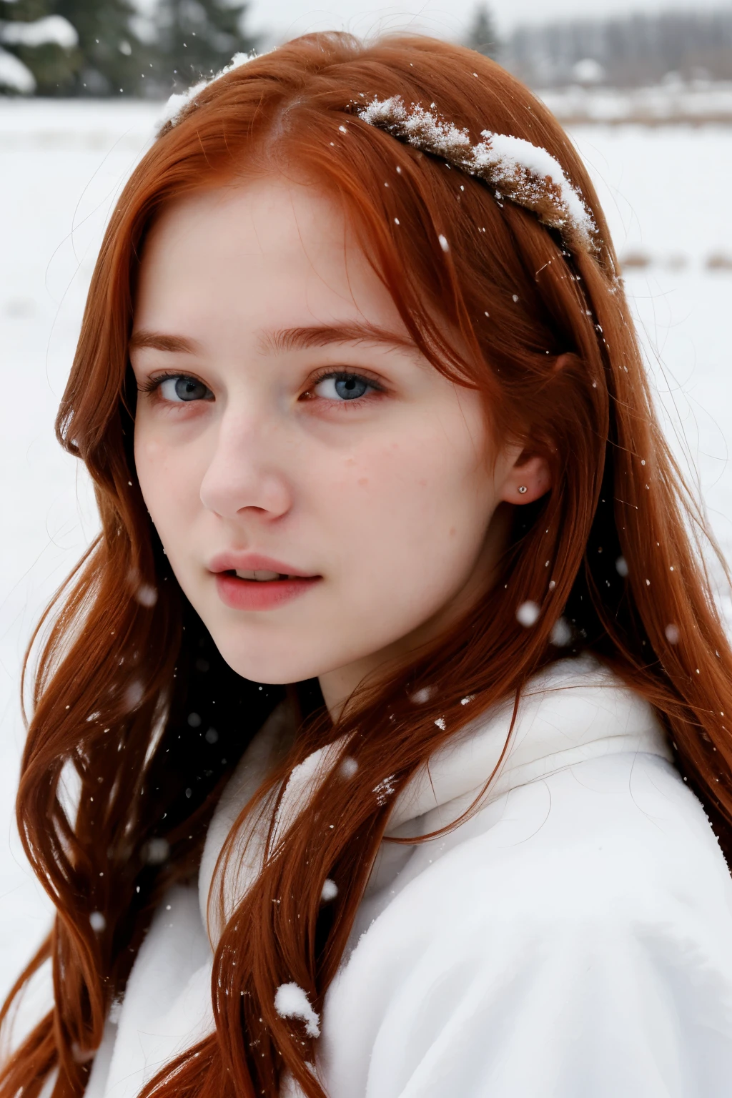 ((Best Quality)), ((Masterpiece)), (detailed), 1 pale skinned girl with reddish hair, long and wavy, crying in snow