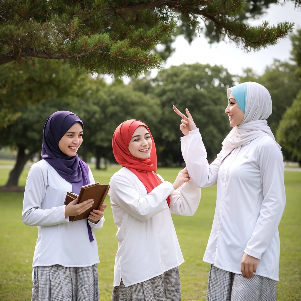 Two women wearing hijabs and white long-sleeved shirts, as well as trousers with different motifs. They are seen standing outdoors, perhaps in a park or field, with a bright, cloudy sky in the background. Each of them is holding a book, indicating that they are probably in the context of a learning or educational activity. The three women smiled cheerfully, reflecting a happy and enthusiastic mood.