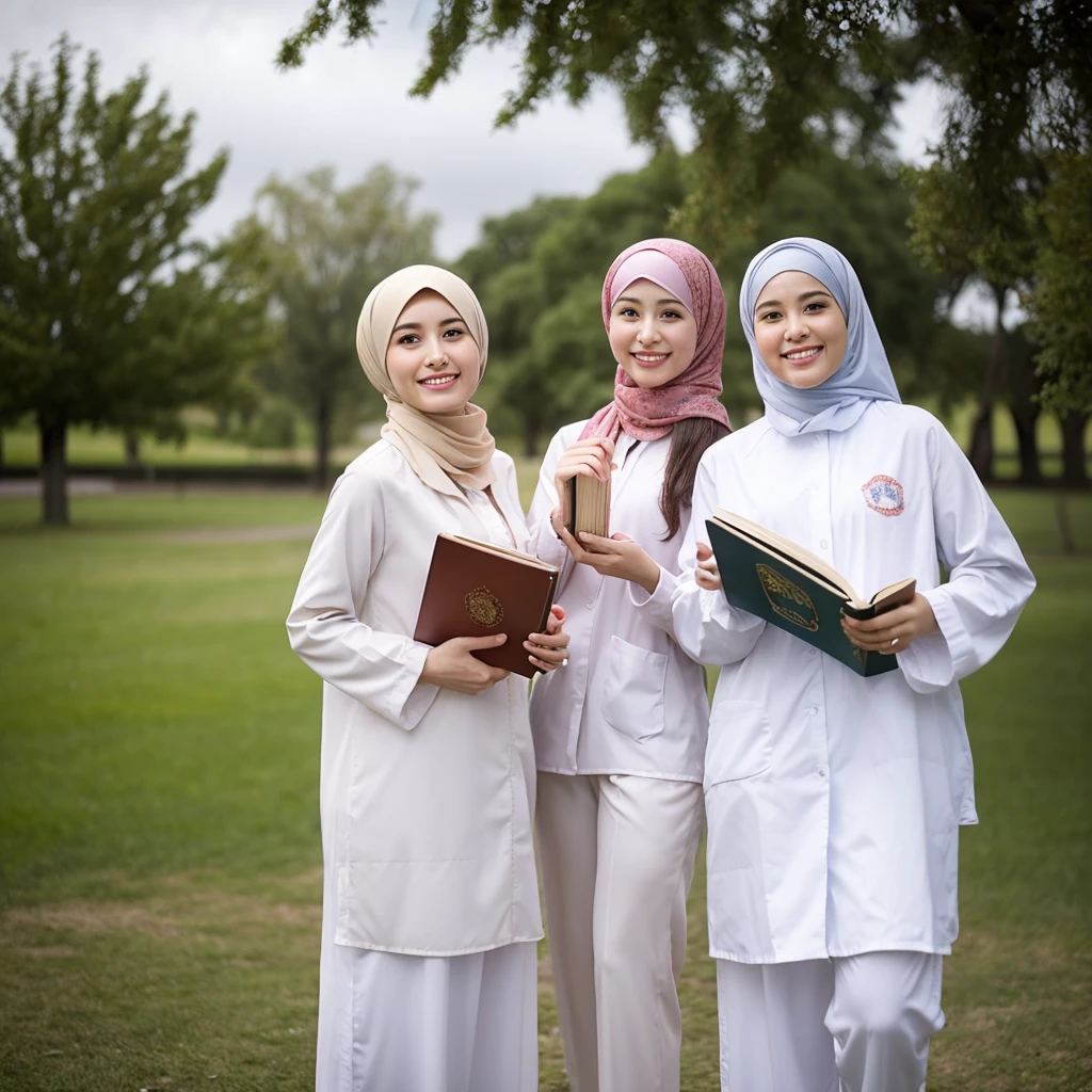 Two women wearing hijabs and white long-sleeved shirts, as well as trousers with different motifs. They are seen standing outdoors, perhaps in a park or field, with a bright, cloudy sky in the background. Each of them is holding a book, indicating that they are probably in the context of a learning or educational activity. The three women smiled cheerfully, reflecting a happy and enthusiastic mood.