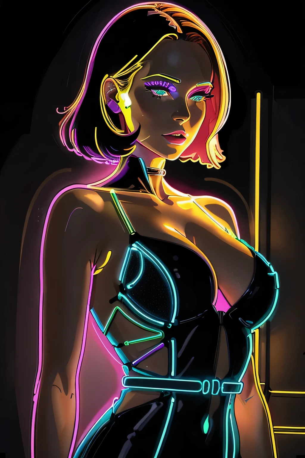 neon_outlines, close up, classy woman in a long evening dress, upscale gala event  