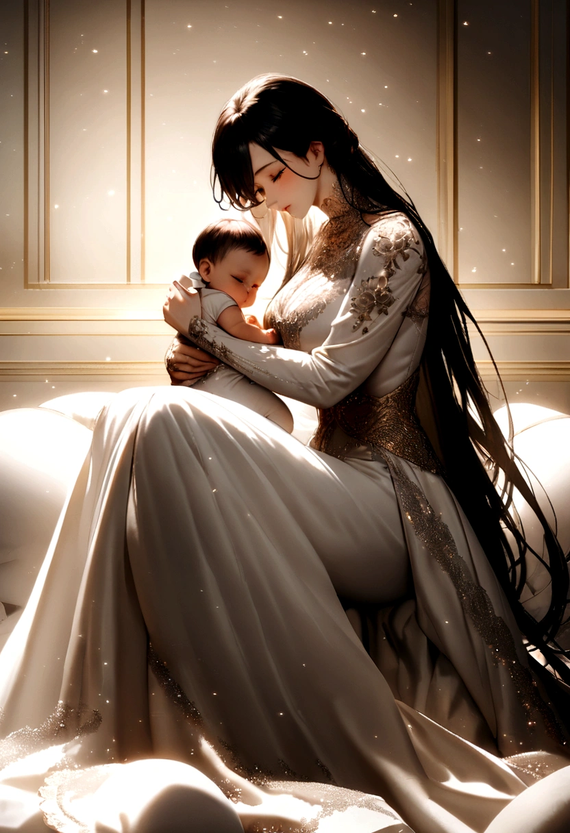 A strong slender muscular sexy knight on light armor and magic particles around her holding her baby boy and cuddling her son very cutely full body photo