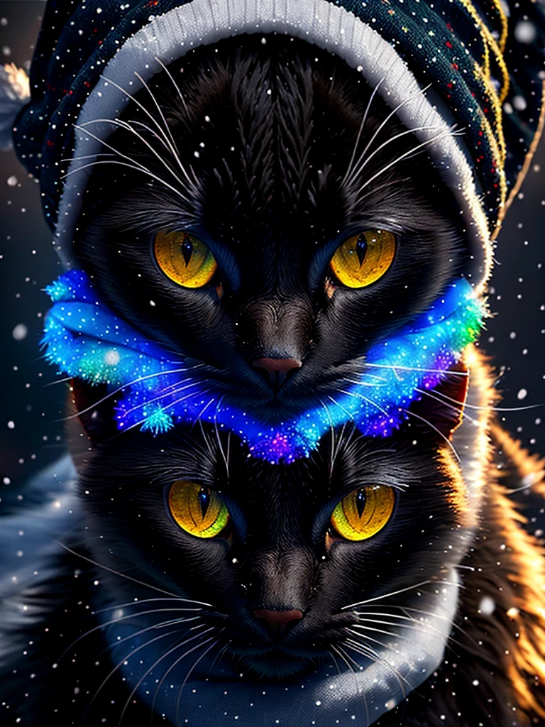 black cat++, green eyes, snow, warm scarf, snowflakes, bobble hat, Christmas tree, dynamic colors, beautiful, 32k, uhd, 16k+, best quality, masterpiece, very beautiful, perfectionism, max detail, soft shadows, vibrant, insanely detailed, expressive, perfect, intricate details, sharp focus, ultra detailed, cinematic, movie still, celestial, crystalline, volumetric lighting, caustics, octane render, absurdres, natural wonder, expressive, nice looking, dramatic, blender, atmospheric, HDR, amazing detail 