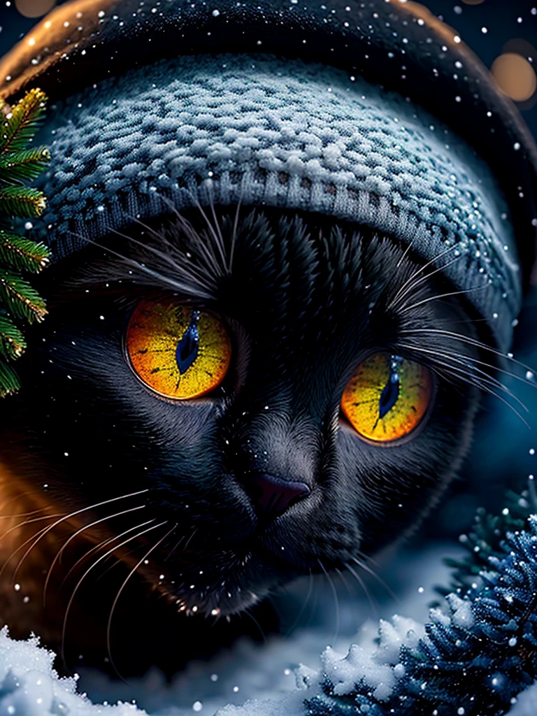 black cat++, green eyes, snow, warm scarf, snowflakes, bobble hat, Christmas tree, dynamic colors, beautiful, 32k, uhd, 16k+, best quality, masterpiece, very beautiful, perfectionism, max detail, soft shadows, vibrant, insanely detailed, expressive, perfect, intricate details, sharp focus, ultra detailed, cinematic, movie still, celestial, crystalline, volumetric lighting, caustics, octane render, absurdres, natural wonder, expressive, nice looking, dramatic, blender, atmospheric, HDR, amazing detail 