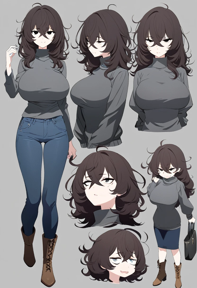 One Woman,Downer,older sister,Concept Art,Dark brown hair,Straight hair with slight inward curls,Staring eyes,Eye Ridge,black eye,Crossed bangs,whole body,smile,Larger breasts,Gray background,Bangs that reach down to the eyes,Messy hair,Tight dark jeans,Gray turtleneck sweater,Multiple views of the same character,Character Design,Dark circles under the eyes,Bad look,Listless,Sloppy,Silver Jewelry,Cafe staff,whole bodyCharacter Design,Detailed hands,Height: 170cm,boots,fleshy,