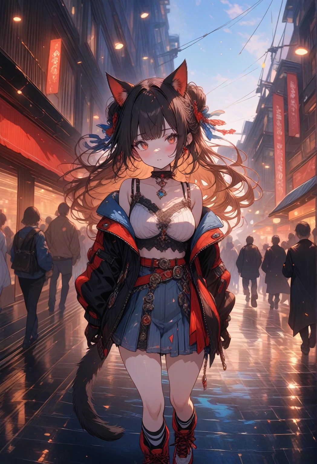 ((masterpiece:0), best quality, very aesthetic, newest, absurdres, detailed, high quality)
BREAK
highest quality, top quality, details, highres, ultra fine painting, digital art, official art, cinematic, 4k, 8k resolution, 8K CG wallpaper, CG, original artwork, detailed background, colorful background, blue atmosphere, High Dynamic Range, blurry background, blue hour, Starburst effects, crepuscular rays, good ISO, high resolution, wide shot, from far away, RAW photo, POV, sharp focus, light reflection, reflections, intricate details, soft light, particle noise, professional photography, bokeh, depth of field, natural lighting, vibrant colors, looking away, detailed lights and shadows, stylish, ultra-detailed, top rated on Pixiv, trending on Artstation, niji style, modern-days, master crafted, pose
BREAK
solo, 1girl, pale skin, correct fingers, detailed hair, (medium big breasts:1.2), big thighs, short torso, short body, flushtered, blush, anxious expression, casual, slim, ((cute, childlike face):1.3), nice hips, nice body, brown hair, (long flowing hair:1.1), big 2 buns hairstyle, long bangs, long hair, middle hair bangs, brown eyes
BREAK
((colorful outfit), off shoulder crop top, short skirt, headphone, jacket, casual cap, belts, straps, choker, gloves, boots, (stockings), garterbelt, accessories, outfit ornaments, sneakers, kemonomimi, 1 tail, correct tail, (full body)), from above, POV shot, close up
BREAK
a person walking down a street with a crowd of people, crowded street, crowded streets, in front of a large crowd, giant crowd, girl walking through city, people walking down a street