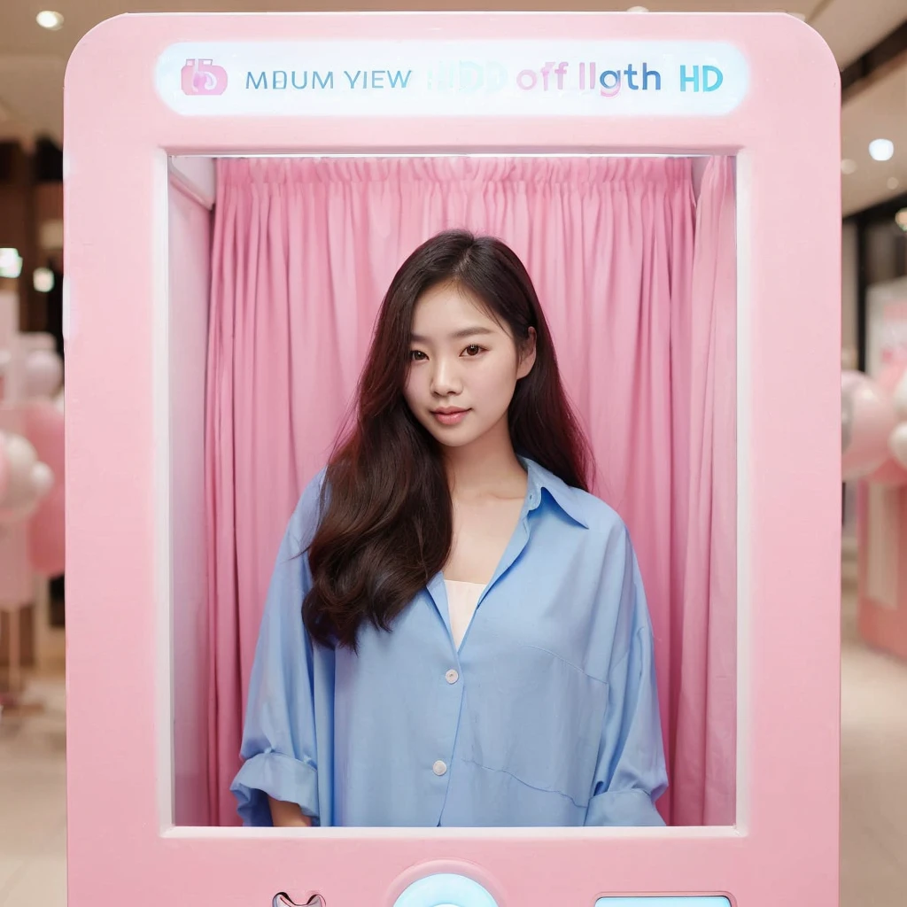 Asian woman, 27 years old, wearing a long, modest blue dress is standing at a pink photo booth, above it is written soft cloth, in a mall, medium view Ultra HD --v 6.0, high brightness, soft bright lighting, daylight lighting
