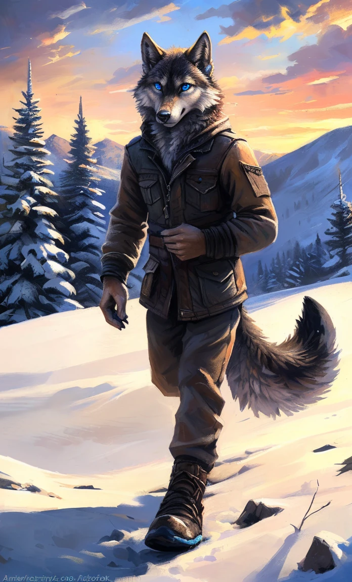 ((Solo)), male people, anthro wolf, (Multi-colored fur, White-brown:1.3，White tail pointed), (Height 2.1m,Tail length 1.2m), ((Wolf face, Big eyes, White eyelids, Blue pupil, Slim:1.2) (Tough, Calm expression:1.2)), Slim, pinging)), (Correct anatomy), (Winter clothing:1.1), The upper body  naked, (detailed outfits),A long big tail，Feet，(Realistic fur, Detailed fur texture, labeled:1.3)), (Natural lighting), Photorealistic, Hyperrealistic, ultradetailed, by Kenket，Snowfield，erect through，Running on