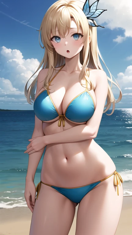 masterpiece, best quality, highres, aasena, hair ornament, long hair, blue bikini, cleavage, halterneck, large breasts, string bikini, standing, cowboy shot, beach, :o