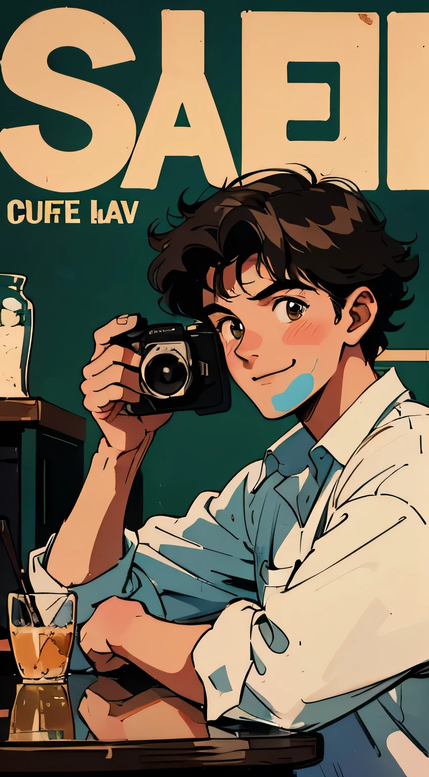 Best image quality, 1980s style animation, 21-year-old boy, slightly curly black hair, light brown eyes, smile, With a light beige shirt, magazine cover, whole body , at a cafe , posing, With a cute otter, camera on the table