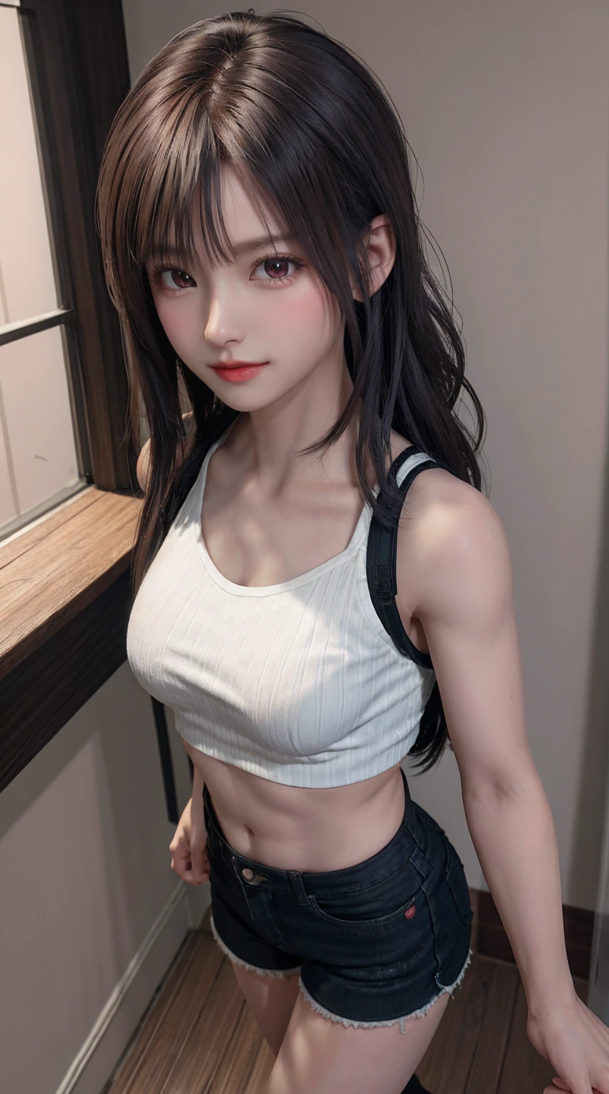 ((medium ??????, tomboy girls, small head)), daylight, sunlight, (chiseled abs : 1.1), (perfect body : 1.1), (short wavy hair : 1.2) , auburn hair, collar, chain, full body shot, crowded street, wearing black tanktop, jeans jacket, ((shorts)), (extremely detailed CG 8k wallpaper), (an extremely delicate and beautiful), (masterpiece), (best quality:1.0), (ultra highres:1.0),  beautiful lighting ,perfect lightning, realistic shadows, [highres], detailed skin, ultra-detailed