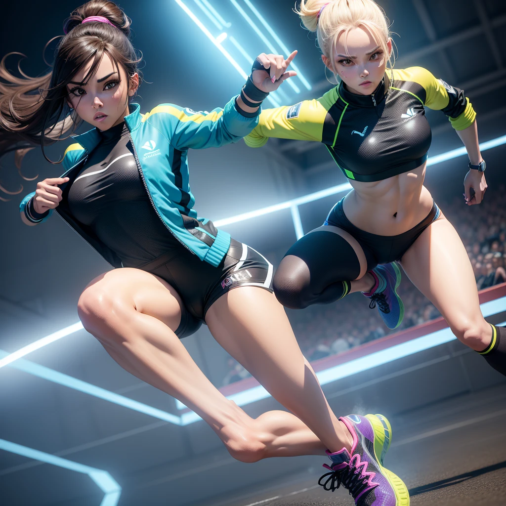 A model of full body 3d avatar of a beautiful sports woman wearing neon techno jacket and sports running shoes, game character, with choices of outfit around the model. Anime, best quality