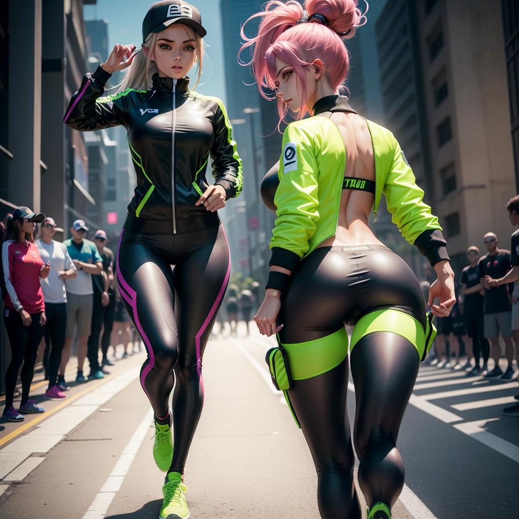 A model of full body 3d avatar of a beautiful sports woman wearing neon techno jacket and sports running shoes, game character, with choices of outfit around the model. Anime, best quality