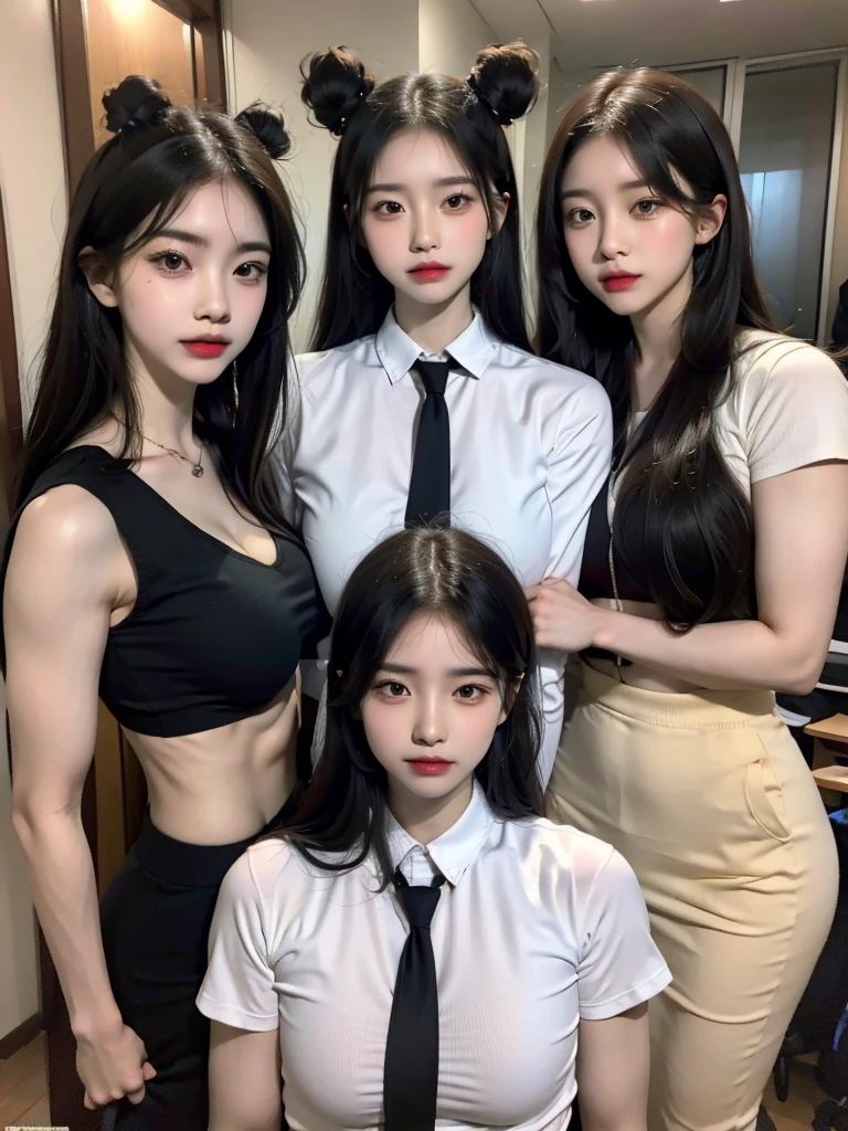 medium hair，Four girls in school uniforms pose for a photo in front of a mirror，jitome，，Black clothes，flat chest，Angry expression，,Look at the audience，avatar，portrait，Smirk,cruel korean goth girl, korean girl, Black long flowing hair，The feeling of the wind blowing，avatar，portrait，Gray light，Bangs covering eyes，Flowing hair，