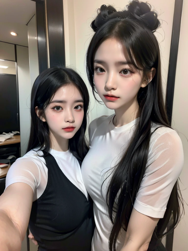 medium hair，Four girls in school uniforms pose for a photo in front of a mirror，jitome，，Black clothes，flat chest，Angry expression，,Look at the audience，avatar，portrait，Smirk,cruel korean goth girl, korean girl, Black long flowing hair，The feeling of the wind blowing，avatar，portrait，Gray light，Bangs covering eyes，Flowing hair，