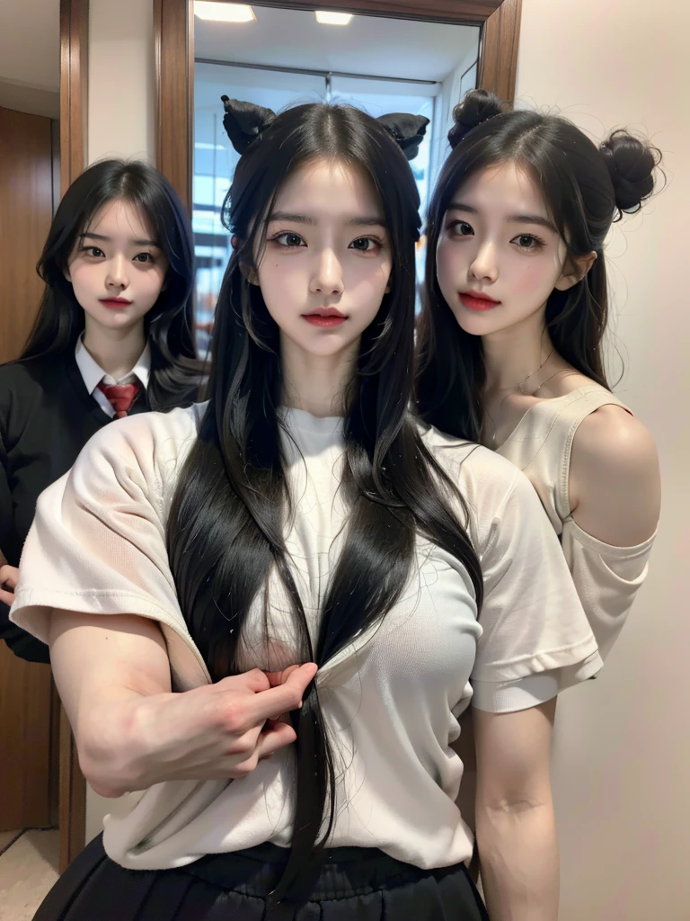 medium hair，Four girls in school uniforms pose for a photo in front of a mirror，jitome，，Black clothes，flat chest，Angry expression，,Look at the audience，avatar，portrait，Smirk,cruel korean goth girl, korean girl, Black long flowing hair，The feeling of the wind blowing，avatar，portrait，Gray light，Bangs covering eyes，Flowing hair，