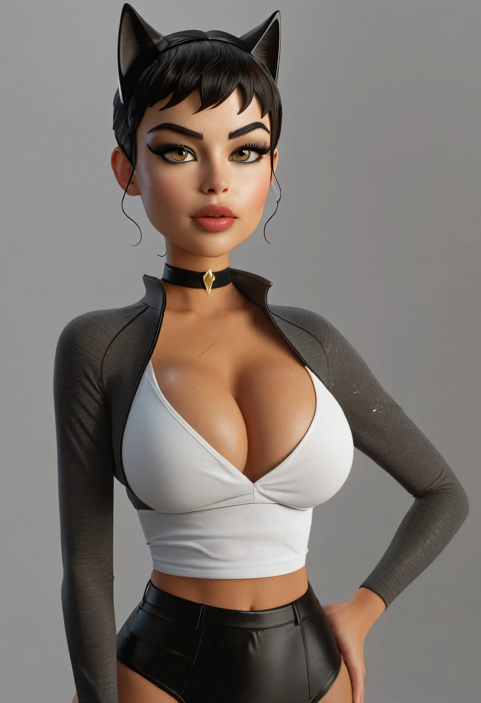 Isabella Merced, pixie_cut hair, choker,  catwoman outfit, Instagram pattern pose, confident, huge breasts: 1.3, perfect , perfect symmetry: 1.2, realistic face: 1.2, perfect face, content, confident, black hair, very detailed and dramatic, Cinematic lighting, Lighting scene, soft lights, tanned skin, black stockings, Professional whole body photo, (Photo 4k:1.1) by (Jeremy Lipking:0.3), (Dittmann Anna:0.3), (Cecile:0.3), (sharp focus:1.3), high detail