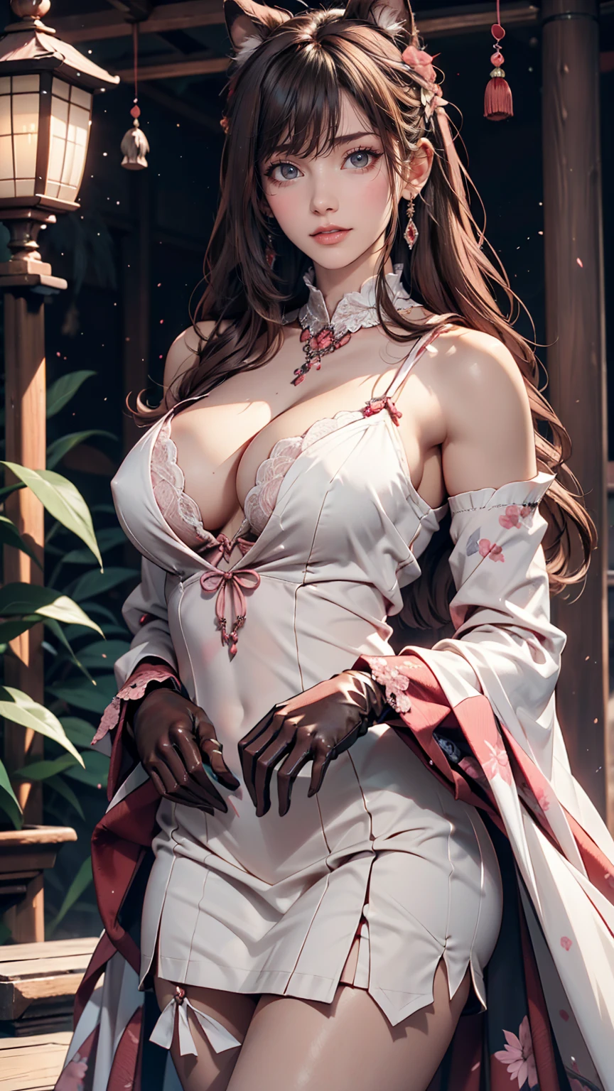 Japanese women、Brown Hair、Semi-long hair、Pink inner color around the ears、Sexy proportions、Slender and tall、Wear a high-necked dress decorated with lace、No sleeve、Wear long gloves that reach down to your upper arms、