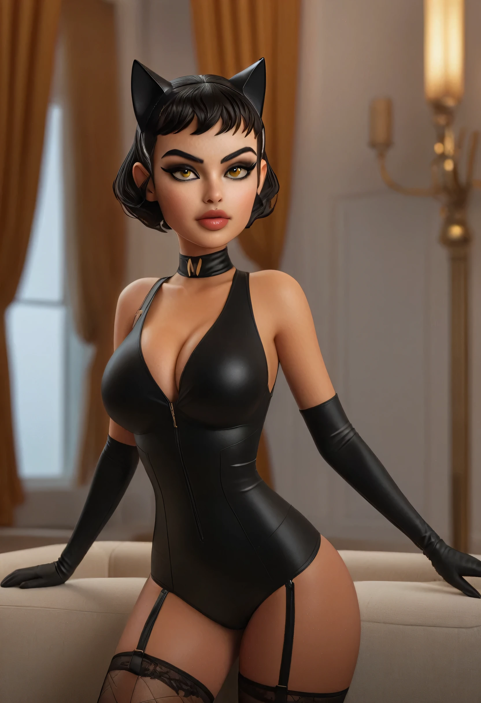 Isabella Merced, pixie_cut hair, choker, catwoman outfit, Instagram pattern pose, confident, huge breasts: 1.3, perfect anatomy, perfect symmetry: 1.2, realistic face: 1.2, perfect face, content, confident, black hair, very detailed and dramatic, Cinematic lighting, Lighting scene, soft lights, tanned skin, black stockings, Professional whole body photo, (Photo 4k:1.1) by (Jeremy Lipking:0.3), (Dittmann Anna:0.3), (Cecile:0.3), (sharp focus:1.3), high detail