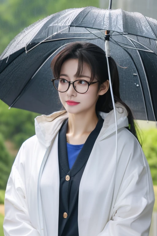 Highest quality、masterpiece、High sensitivity、High resolution、Detailed Description、Slim Body、Glasses、In the sudden rain、A situation where the whole body is soaked、