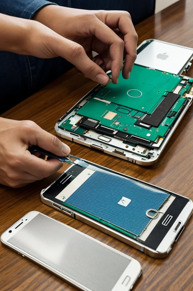 An image showing the repair of a cell phone (screen change) and computer repair 