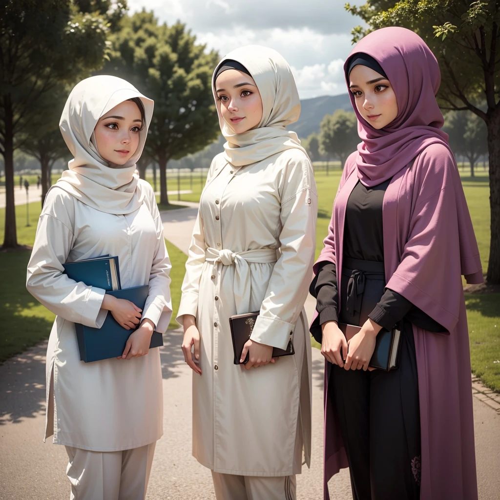 masutepiece, Best Quality, Illustration, Very detailed, fine detail, high resolution, 8K Wallpaper, Perfect dynamic composition, Schoolgirls in hijabs, multiple people wear hijab white, all people wear hijab white, three schoolgirls in hijabs taking a photo, 19 years old, (hands in long skirt pockets), Beautiful eye details, Natural lips, smile lips, (light laughing lips), wearing a white hijab, high school clothes, long gray skirt, long skirt, long sleeves, (taking a half-body photo), view of the school room, (three school children wearing hijabs taking a photo), all people wear hijab white, school people hijabs white, many school children wearing hijabs, school girls taking photos, showing big breasts, white hijab school children, high school clothes, (high school), (long skirts), long sleeves, school room view,