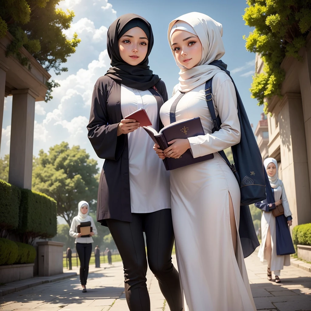 Two women wearing hijabs and white long-sleeved shirts, as well as trousers with different motifs. They are seen standing outdoors, perhaps in a park or field, with a bright, cloudy sky in the background. Each of them is holding a book, indicating that they are probably in the context of a learning or educational activity. The three women smiled cheerfully, reflecting a happy and enthusiastic mood.