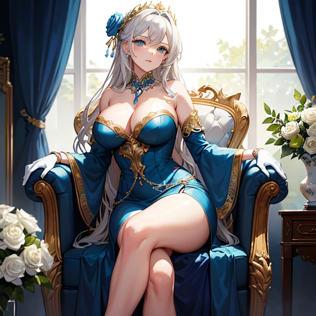 (masterpiece image, very detailed image, best high quality high definition image)
1woman, beautiful woman, milf, fair skin, light blue eyes, wavy blonde golden hair, absolute beauty, aristocrat, wealthy powerful woman, serious face, , voluptuous figure (headbang bith two flue flowers, silver necklace, white gloves, sleevless, long high society rich blue dress)
Sitting on luxurious chair, legs crossed, red living room