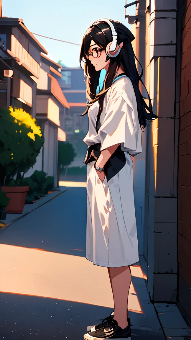 whole body, entire body, full body, total body, standing, upright stance, erect posture, simple background, 20-years-old beautiful female, black rim glasses, wearing white headphones, black hair, Easy-to-move costume, midsummer fashion, Casual clothes, civilian clothes, lo-fi art, intellectual atmosphere, knowledge, scholarship, enthusiasm, front side of whole body, immersion, whole body, concentration, sense of accomplishment, cinematic lighting, masterpiece, top quality, 4K, academic atmosphere, (masterpiece), (best quality), ultra-high res, sharp focus, detailed hair