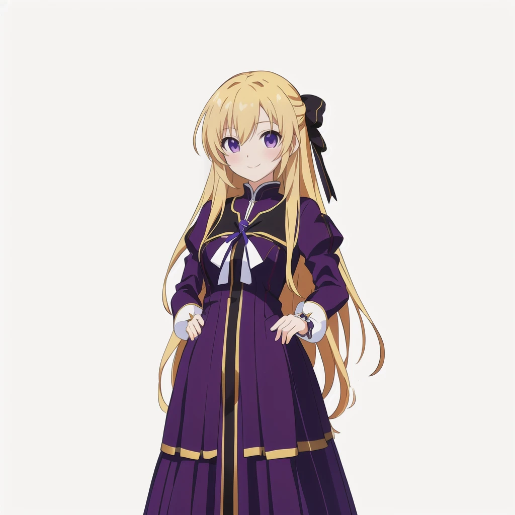 Highest quality, high resolution, High quality anime art style, Official Art, Smooth anime CG art, Stylized anime, Cute 3D anime girl render, Visual Novel Sprites, White background, whole body, Anime-style 3D, Smooth anime CG art, Humanoid Girl, JRPG Characters, Anime girl with long hair and purple dress with ribbon, smile, Golden Hair, Long Hair, Lori, Small Bust, Small breasts, 15 years old