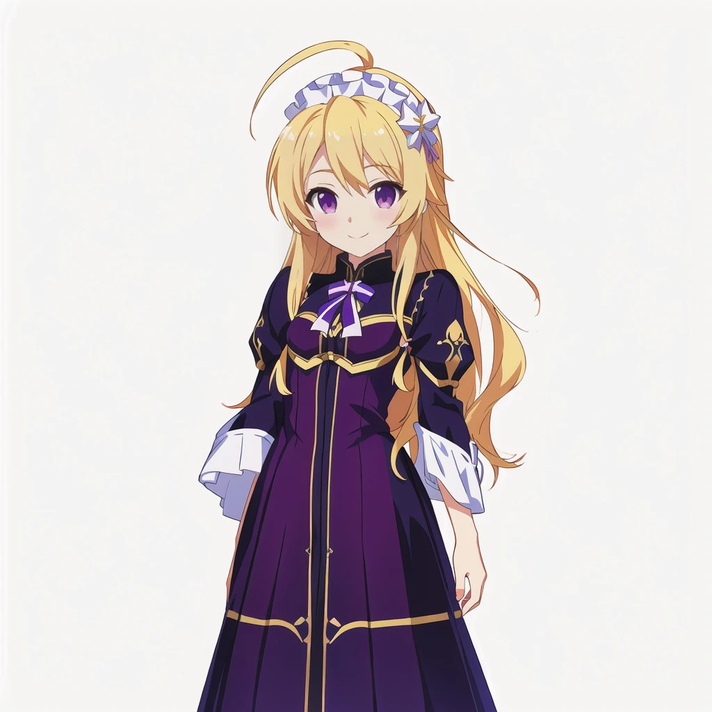 Highest quality, high resolution, High quality anime art style, Official Art, Smooth anime CG art, Stylized anime, Cute 3D anime girl render, Visual Novel Sprites, White background, whole body, Anime-style 3D, Smooth anime CG art, Humanoid Girl, JRPG Characters, Anime girl with long hair and purple dress with ribbon, smile, Golden Hair, Long Hair, Lori, Small Bust, Small breasts, 15 years old