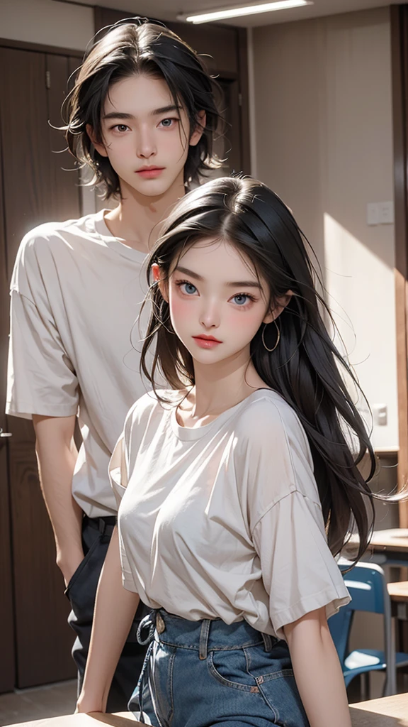 Please create an image of two people. First, a stunning beauty who is half French and half Japanese. She has an exceptionally beautiful face, with striking blue eyes and long, straight blonde hair. She wears a cute dress and has a smiling expression. The second person is a man with black hair and long bangs. He wears a T-shirt and denim. His expression is slightly bashful. The composition should be an upper body close-up image, with the beauty on the left and the man on the right, standing side by side. They are looking at each other and laughing. The background is a university classroom