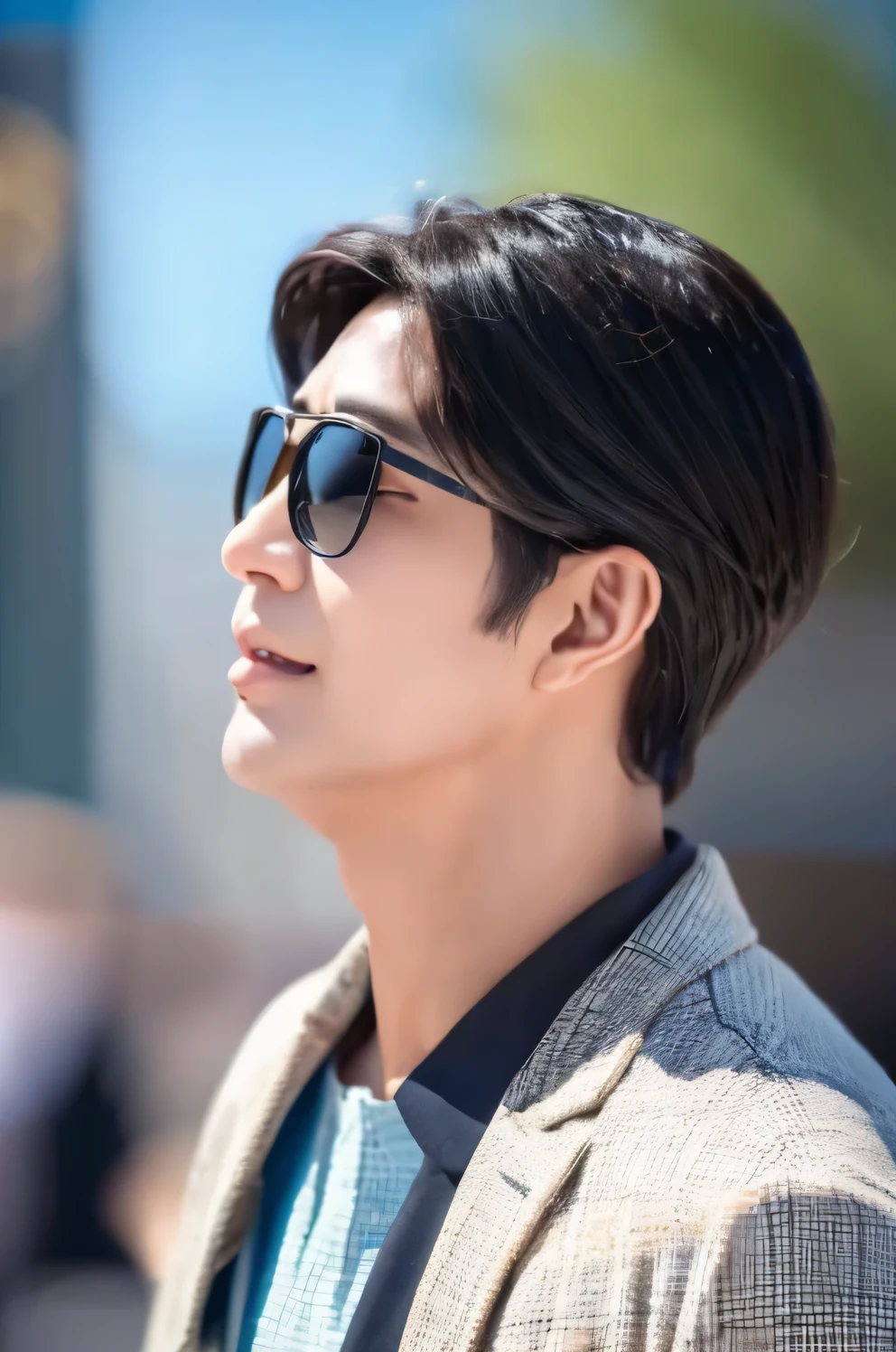 Handsome、40 years old、male、Black Hair、Short Hair、Realistic eyes、Realistic Skin、profile、Japanese face、trip、sunglasses