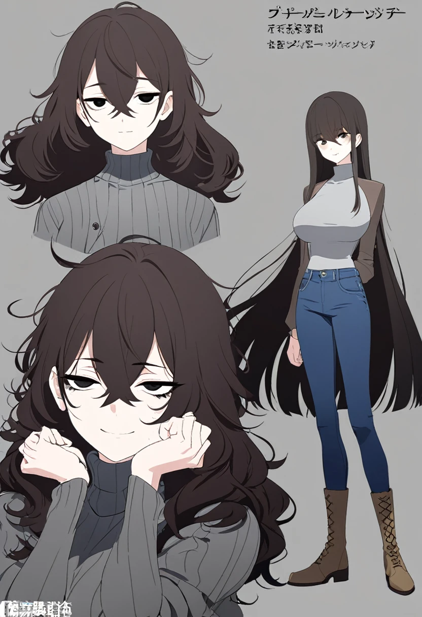 One Woman,Downer,older sister,Concept Art,Dark brown hair,Straight hair with slight inward curls,Staring eyes,Eye Ridge,black eye,Crossed bangs,whole body,smile,Larger breasts,Gray background,Bangs that reach down to the eyes,Messy hair,Tight dark jeans,Gray turtleneck sweater,Multiple views of the same character,Character Design,Dark circles under the eyes,Bad look,Listless,Sloppy,Silver Jewelry,Cafe staff,whole bodyCharacter Design,Detailed hands,Height: 170cm,boots,fleshy,