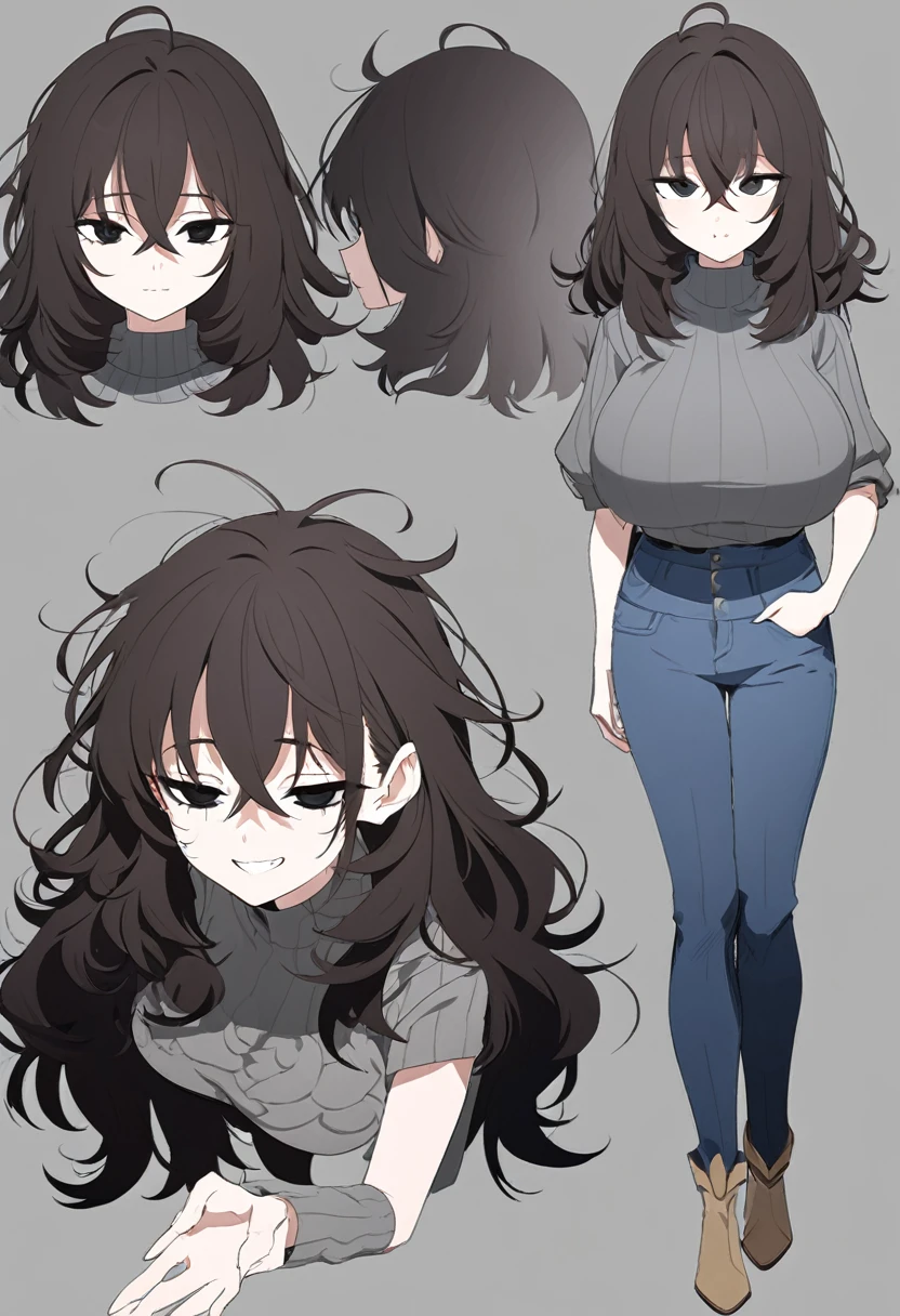 One Woman,Downer,older sister,Concept Art,Dark brown hair,Straight hair with slight inward curls,Staring eyes,Eye Ridge,black eye,Crossed bangs,whole body,smile,Larger breasts,Gray background,Bangs that reach down to the eyes,Messy hair,Tight dark jeans,Gray turtleneck sweater,Multiple views of the same character,Character Design,Dark circles under the eyes,Bad look,Listless,Sloppy,Silver Jewelry,Cafe staff,whole bodyCharacter Design,Detailed hands,Height: 170cm,boots,fleshy,