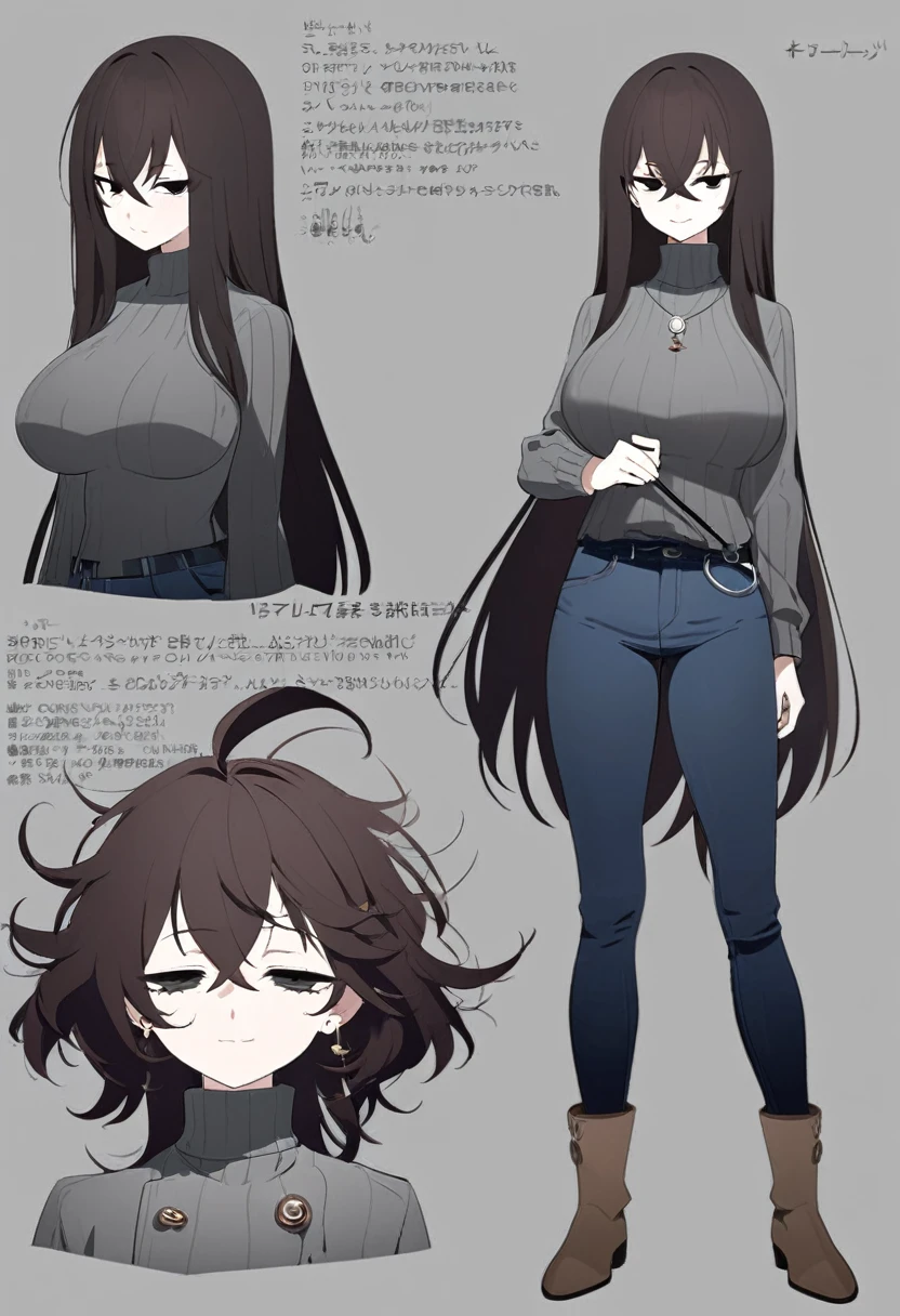 One Woman,Downer,older sister,Concept Art,Dark brown hair,Straight hair with slight inward curls,Staring eyes,Eye Ridge,black eye,Crossed bangs,whole body,smile,Larger breasts,Gray background,Bangs that reach down to the eyes,Messy hair,Tight dark jeans,Gray turtleneck sweater,Multiple views of the same character,Character Design,Dark circles under the eyes,Bad look,Listless,Sloppy,Silver Jewelry,Cafe staff,whole bodyCharacter Design,Detailed hands,Height: 170cm,boots,fleshy,