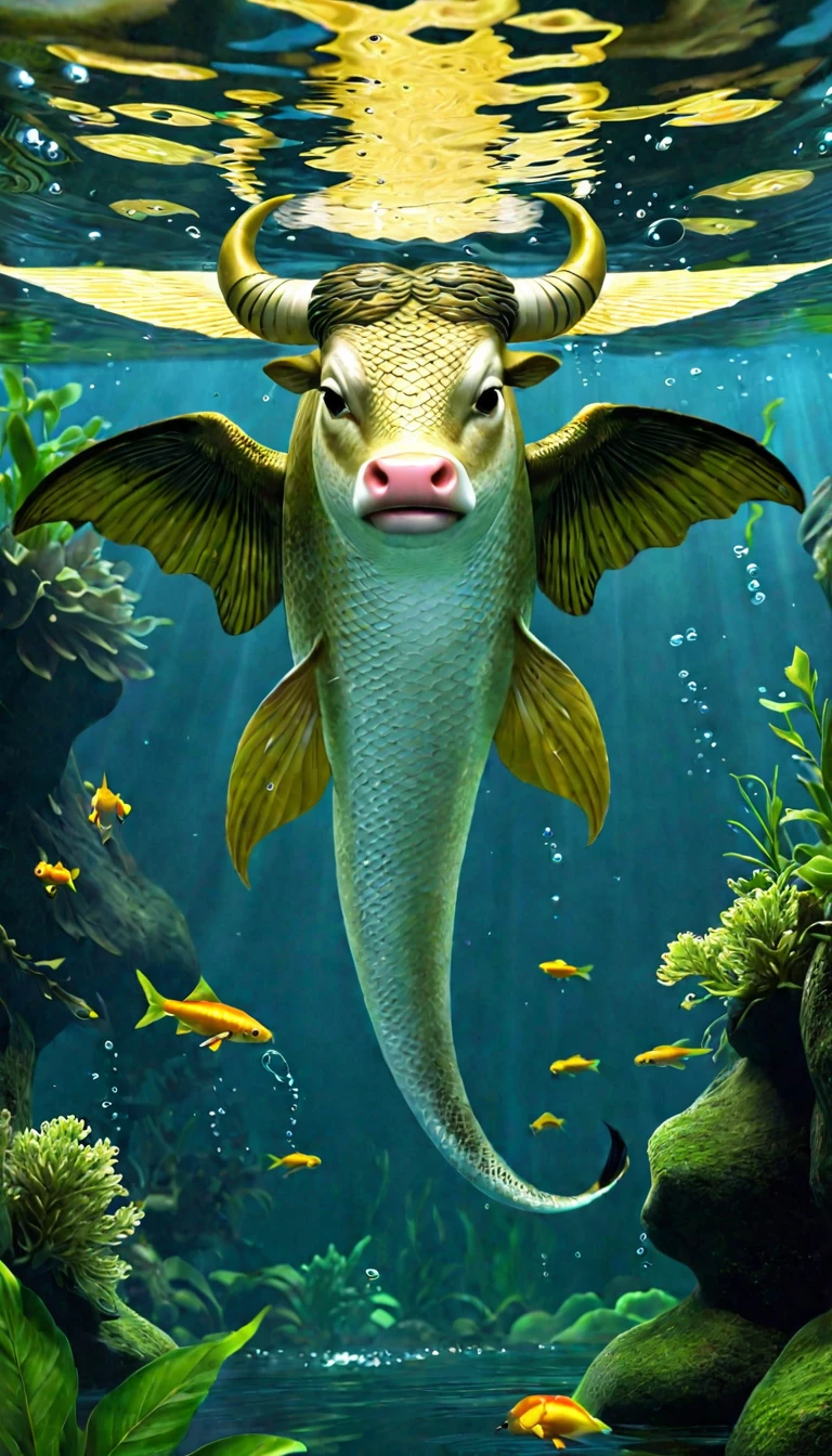 Fish with wings in water,Looks like a cow,Snake's Tail(best quality,4K,8K,High level,masterpiece:1.2),Ultra Detailed,(lifelike,Photo real,Photo real:1.37),Highly detailed animals,Complex patterns,Dramatic lighting,Fantasy creature composition,Panorama