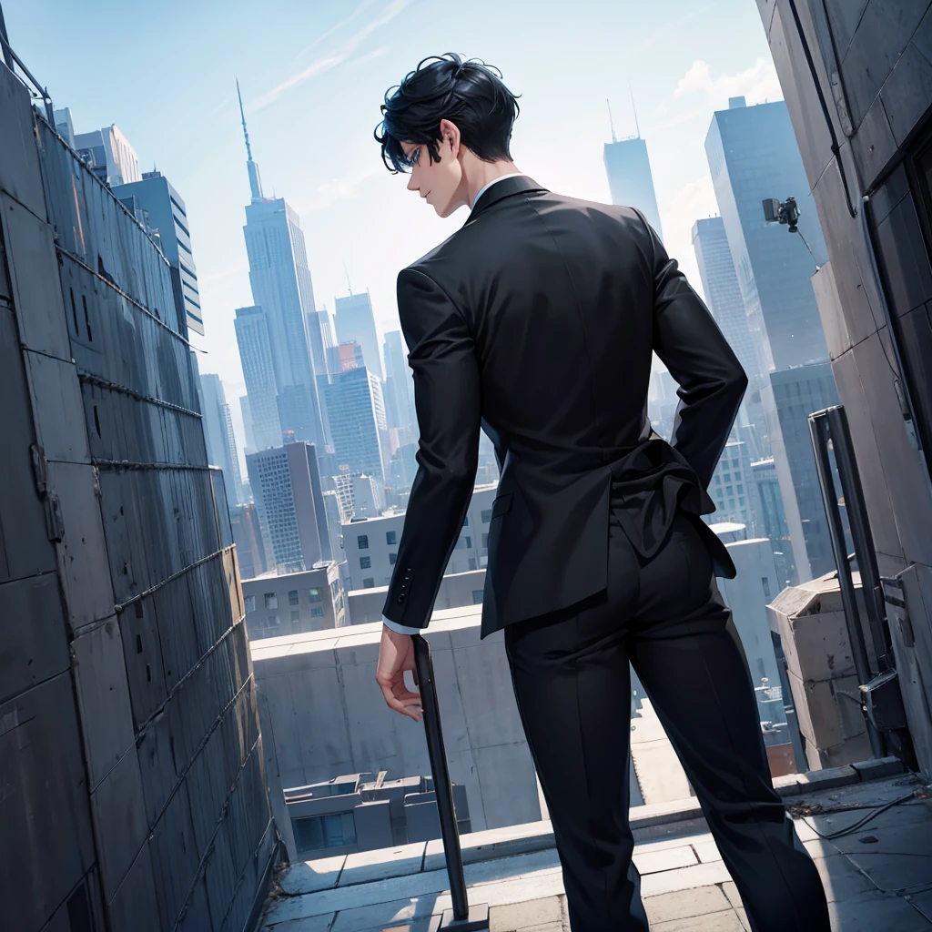 1boy, short black hair, blue eyes, wearing all black suits, on top of a building, high res, ultrasharp, 8k, masterpiece, looking at viewer from behind