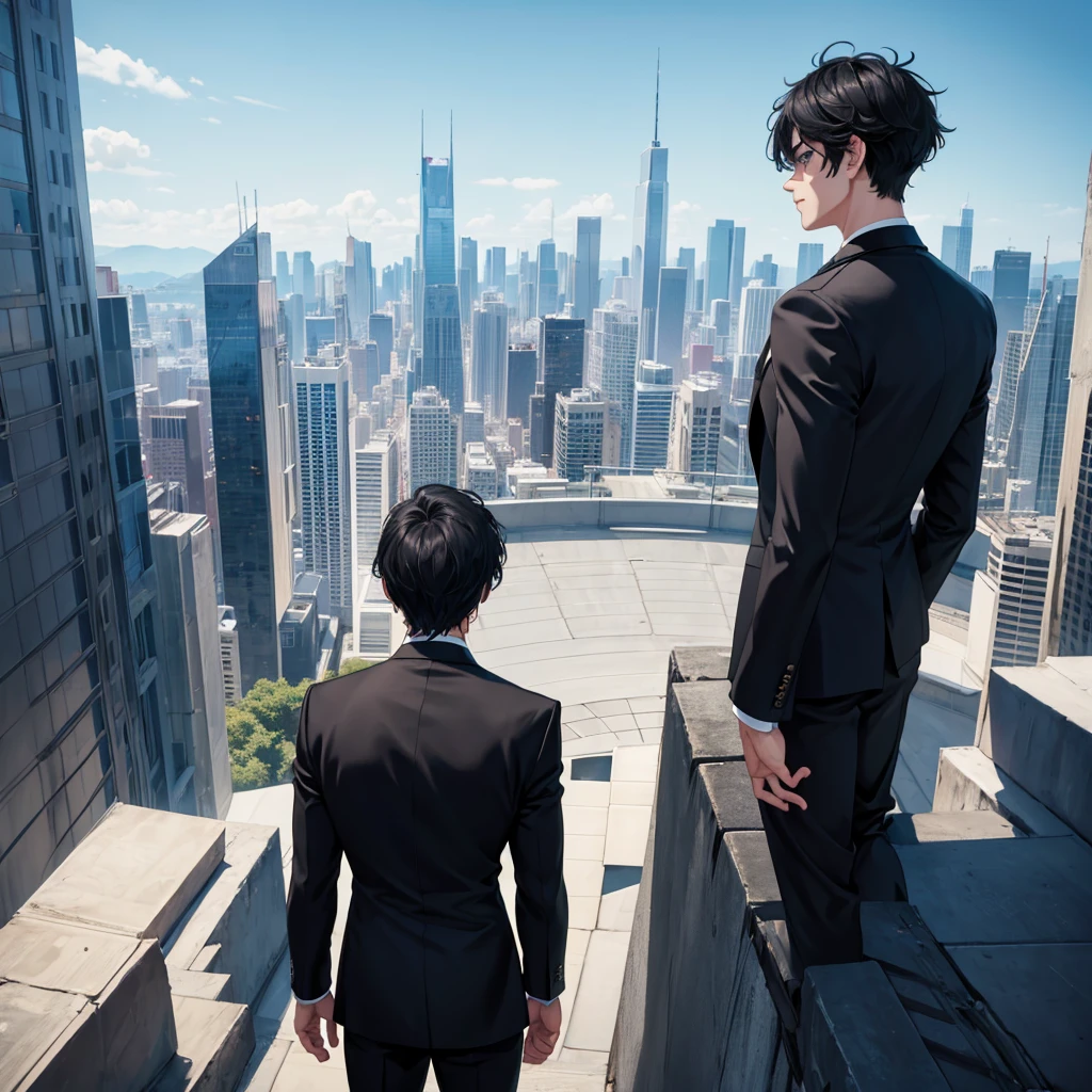 1boy, short black hair, blue eyes, wearing all black suits, on top of a building, high res, ultrasharp, 8k, masterpiece, looking at viewer from behind