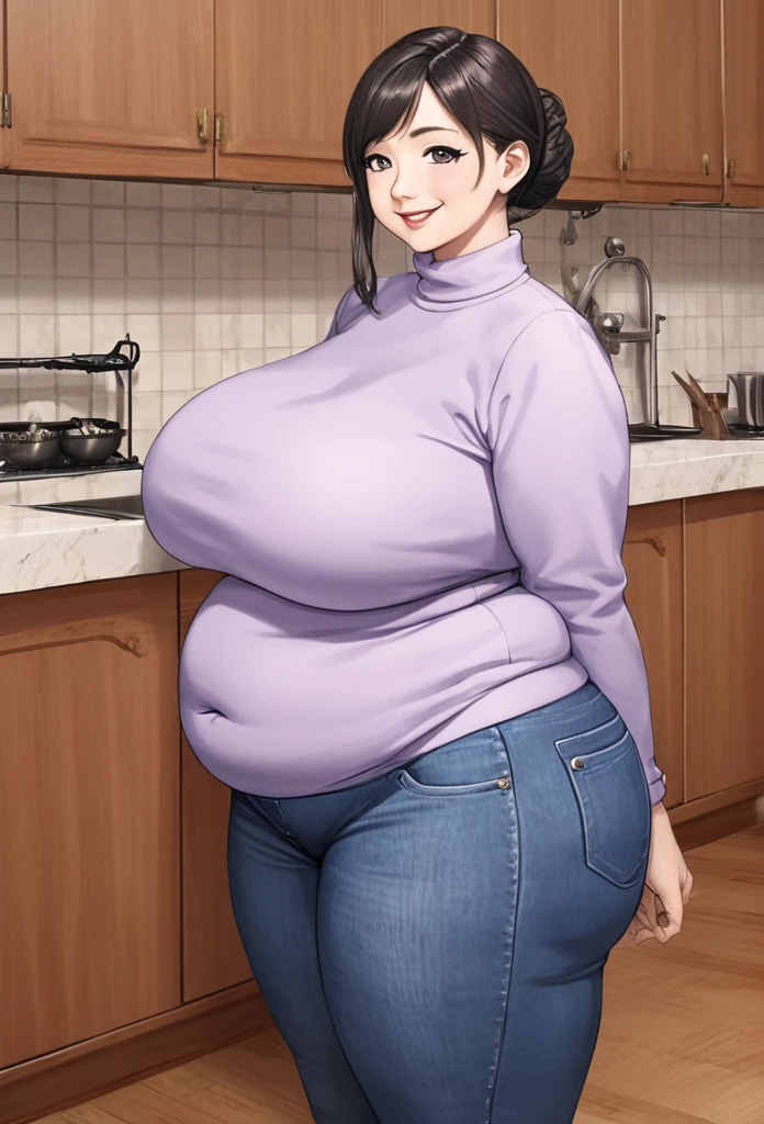 detailed illustration (side view),dynamic angle,ultra-detailed, illustration, pose for the camera, smiling at viewer, clean line art, shading, anime, 2020’s anime style, detailed eyes, detailed face, beautiful face,

1girl, mid 40’s year old Chinese American woman, during the day, in a fancy home, standing in the kitchen , wood paneled walls, beautiful dark wood floors, oriental rugs, obese and thicc,motherly and nurturing, silk waist-long dark hair, big round firm belly, 350 lbs+ weight, 6’ tall, strained purple sweater, soft smile, look cute, tight clothes, tight mom jeans, very wealthy looking, tall, grey eyes, anime eyes, thick thighs, large protruding belly, belly sag, thunder thighs, thighs always touching 