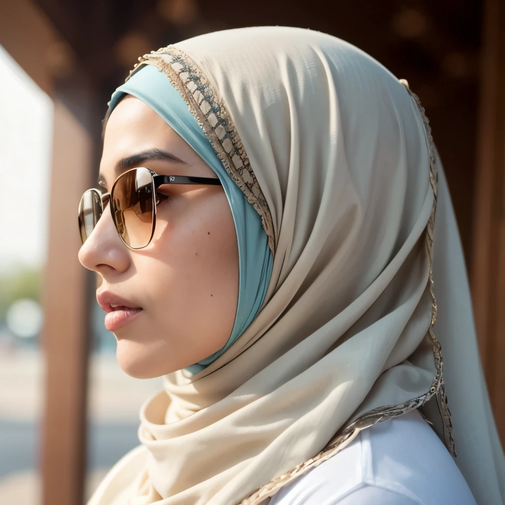 Happy muslimah reading comic, big breasts, plump body, scary house background, wearing long satin tight abaya, crowns on her head, wearing big Headphones, hugging breasts