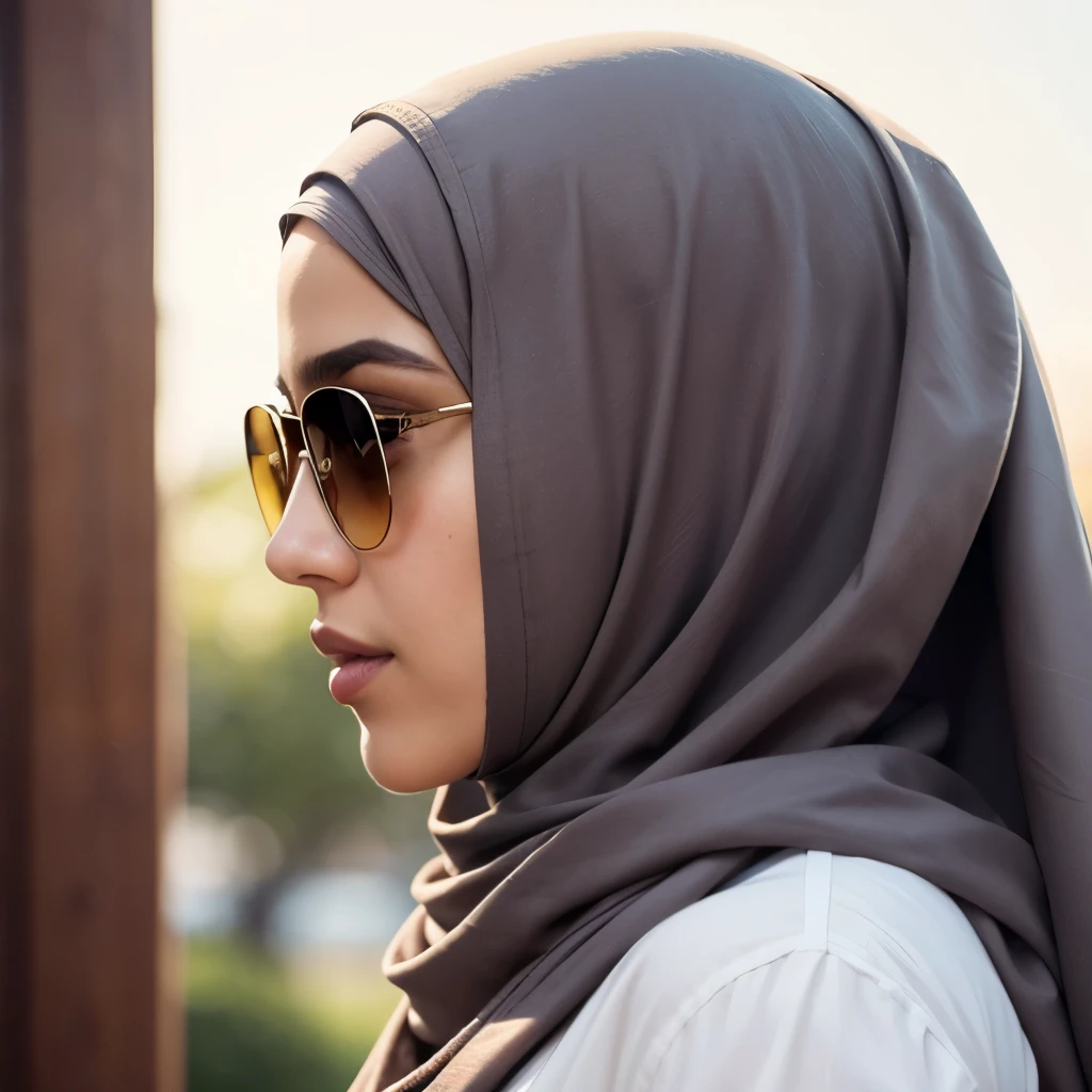 Best quality, high resolution, Masterpiece: 1.2), A Side Profile of a Young Woman in Hijab (iu:0.7), Best quality, high resolution, Masterpiece: 1.2, Young hijab-wearing woman with stylish sunglasses, Masterpiece, Gracefully framed face, Realistic, Sunglasses adding modern fashion touch, 1 woman, Stylishly draped hijab, Delicately detailed sunglasses, Side profile, Neat hijab, Natural lighting, Framing the features, Focus on profile and hijab details, Softly blurred background, Putting focus on her profile, Textured hijab fabric highlighted, Natural lighting.