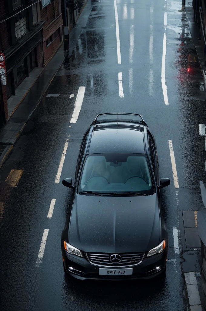 Parked black car, with rain falling