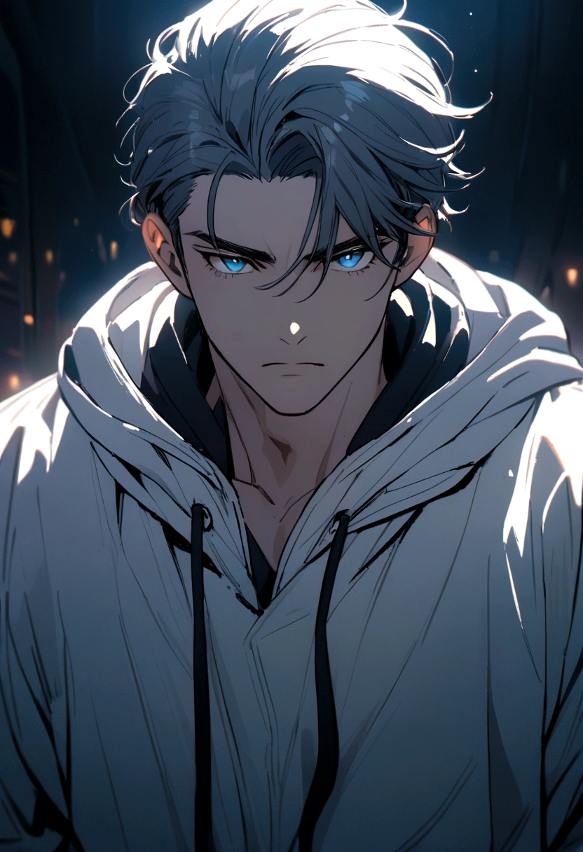 Handsome boy, blue eyes, wearing a white hoodie