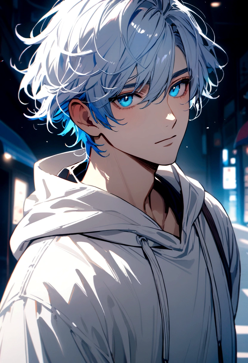 Handsome boy, blue eyes, wearing a white hoodie